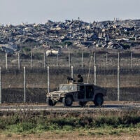 Israeli soldiers seen on the Israeli border with the Gaza Strip, August 5, 2026. (Tsafrir Abayov/Flash90)