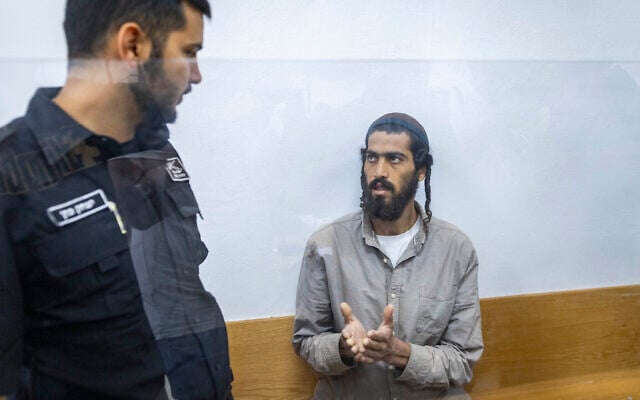 Administrative detainee Tal Yinon Dardik, a suspected violent settler who is on a hunger strike in prison, arrives at the Jerusalem District Court for a hearing on Central Command chief Maj. Gen. Avi Bluth’s appeal against a decision to release him from administrative detention, August 6, 2026. (Chaim Goldberg/Flash90)