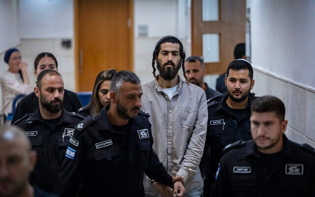 Administrative detainee Tal Yinon Dardik, who is on a hunger strike in prison, arrives at the Jerusalem District Court for a hearing on Central Command chief Maj. Gen. Avi Bluth’s appeal against a decision to release him from administrative detention, August 6, 2026. (Chaim Goldberg/Flash90)