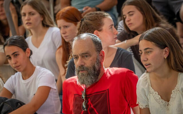 Jon Polin sits at a memorial ceremony for his son, slain Israeli hostage Hersh Goldberg-Polin, who was killed two years ago in Hamas captivity in Gaza, August 7, 2026. (Chaim Goldberg/FLASH90)