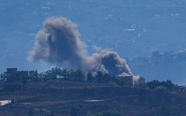 Terror infrastructure is blown up in southern Lebanon, as seen from northern Israel, August 10, 2026. (Ayal Margolin/FLASH90)
