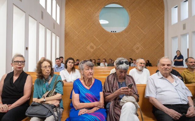 Petitioners sit in court, amid a hearing concerning the placement of polling stations in nursing homes and assisted living facilities for the 26th Knesset elections, at the Supreme Court in Jerusalem. August 11, 2026. (Chaim Goldberg/FLASH90)
