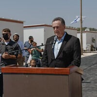 Defense Minister Israel Katz attends a ceremony marking the return to the former settlement of Ganim in the northern West Bank, which was evacuated in 2005 as part of Israel’s Disengagement Plan, August 13, 2026. (Hilel Ben Or/Flash90)