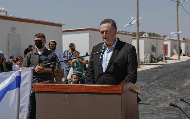 Defense Minister Israel Katz attends a ceremony marking the return to the former settlement of Ganim in the northern West Bank, which was evacuated in 2005 as part of Israel’s Disengagement Plan, August 13, 2026. (Hilel Ben Or/Flash90)