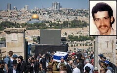 Family members and mourners attend the funeral of IDF soldier Yehuda Katz (inset), whose body was returned from Lebanon this week, 44 years after he went missing in battle, at the Mount of Olives cemetery in Jerusalem, August 21, 2026. (Chaim Goldberg/Flash90)