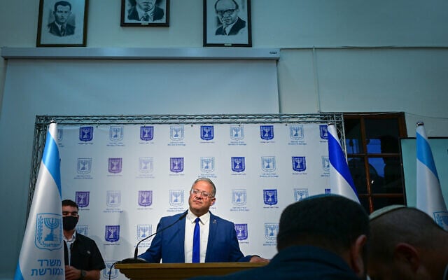 National Security Minister Itamar Ben Gvir holds a press conference at the Etzel Museum in Tel Aviv following the announcement that the wreck of the Altalena had been located, August 24, 2026. (Avshalom Sassoni/FLASH90)