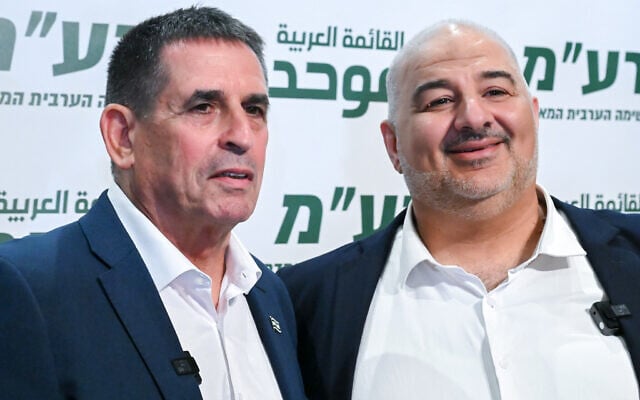 Head of Ra’am Mansour Abbas holds a joint press conference with new party member Yoav Segalovich in Nazareth. August 31, 2026. (Michael Giladi/FLASH90)