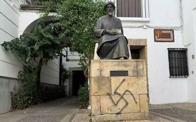 Swastika graffiti on a statue of Maimonides in Cordoba, Spain, discovered on August 1, 2026. (European Jewish Congress on X) Swastika graffiti on a statue of Maimonides in Cordoba, Spain, discovered on August 1, 2026. (European Jewish Congress on X)