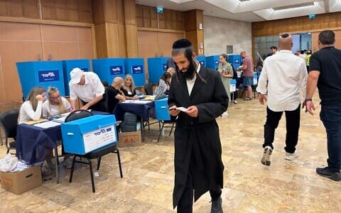 Likud members vote in the party's primary in Jerusalem, August 17, 2026. (Sam Sokol/The Times of Israel)