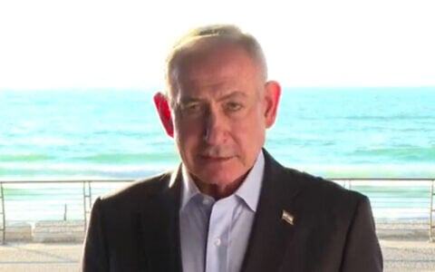 Prime Minister Benjamin Netanyahu speaks from the Israeli coast about the locating of the 1948 vessel Altalena, August 24, 2026. (GPO screenshot)