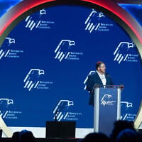 Rep. Randy Fine, a Florida Republican, speaks at the Republican Jewish Coalition's annual summit, August 30, 2026, in Las Vegas, Nevada. (Joseph Strauss/JTA)