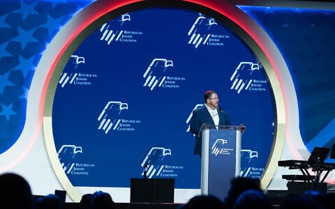 Rep. Randy Fine, a Florida Republican, speaks at the Republican Jewish Coalition's annual summit, August 30, 2026, Las Vegas, Nevada. (Joseph Strauss/JTA)