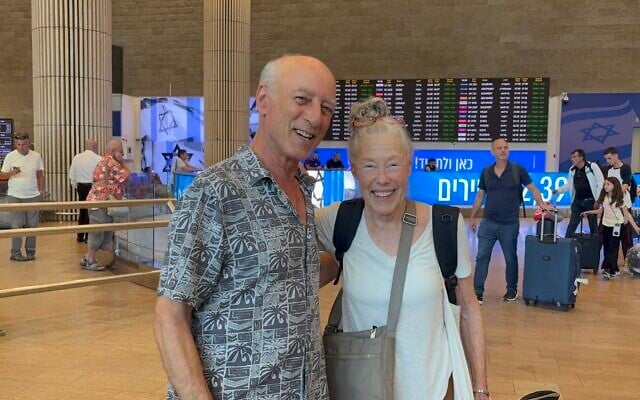 Third cousins Adriana Turk and Raanan Gidron meet for the first time in Ben Gurion Airport, August 15, 2026. (MyHeritage)