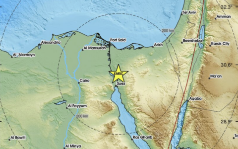 This graphic from the Euro-Mediterranean Seismic Center shows where an earthquake struck early on August 3, 2026, north of Suez, Egypt. (Euro-Mediterranean Seismic Center)