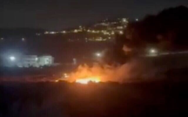 Footage of a fire reportedly sparked by settlers on the outskirts of the central West Bank Palestinian village of Turmus Ayya on August 17, 2026. (Screen capture/X)