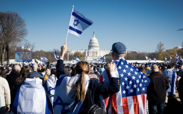 Jewish Americans gather at a rally in Washington, DC, November 14, 2023. (Luke Tress/Times of Israel)