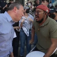 Brad Lander argues with anti-Zionist protesters in New York City, August 29, 2026. (Screenshot/FreedomNews TV)