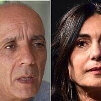 Left: Nissim Louk speaks to Channel 12 news, May 17, 2024. (Channel 12 screenshot) Right: Transportation Minister Miri Regev speaks at the Muni Expo 2026 conference in Tel Aviv, on June 23, 2026. (Avshalom Sassoni/Flash90)