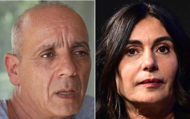 Left: Nissim Louk speaks to Channel 12 news, May 17, 2024. (Channel 12 screenshot) Right: Transportation Minister Miri Regev speaks at the Muni Expo 2026 conference in Tel Aviv, on June 23, 2026. (Avshalom Sassoni/Flash90)