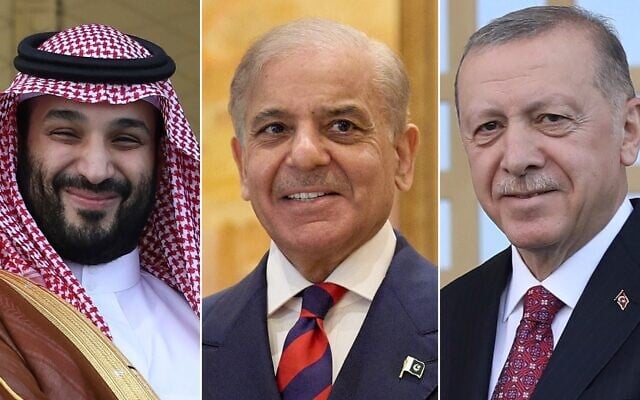 Left to right: Saudi Crown Prince Mohammed bin Salman in Ankara, Turkey, June 22, 2022 (AP Photo/Burhan Ozbilici); Pakistani Prime Minister Shehbaz Sharif in Islamabad, Pakistan, April 11, 2026 (Pakistan Prime Minister Office via AP); Recep Tayyip Erdogan in Istanbul, Turkey, June 22, 2022. (AP Photo/Burhan Ozbilici)