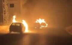 Several vehicles burn after settler extremists allegedly torched them in the area of the villages of Talfit and Jalud, south of Nablus in the northern West Bank, early on August 4, 2026. (Screenshot: X; used in accordance with Clause 27a of the Copyright Law)