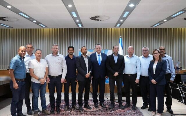 Defense Minister Israel Katz, center, meets with mayors and heads of regional councils in the West Bank, August 3, 2026. (Defense Ministry)