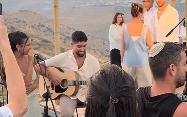 Yeela David, left, and Evyatar David perform at their brother Ilai's wedding, right, on August 6, 2026. (Courtesy screenshot)