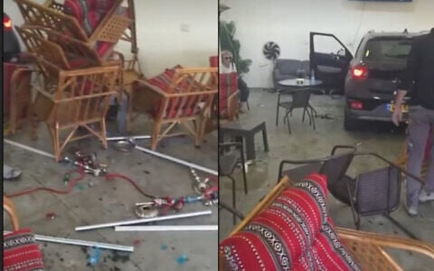 A car is seen inside a cafe in Rahat after crashing into the business, August 8, 2026. (Screen capture: Ynet)