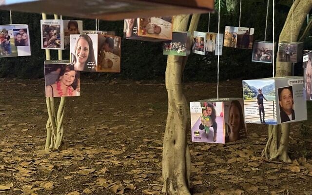 Photos of Kibbutz Nir Oz members killed on October 7, 2023 and in captivity, hung from the giant ficus tree at the center of the kibbutz lawn, during the Sagui Dekel-Chen show on August 10, 2026 (Daniel Laufer)