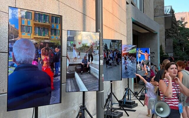 Alex Farfuri's video installation at the Israel Festival Verse event on August 11, 2026 (Jessica Steinberg/Times of Israel)