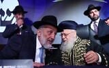Shas chairman Aryeh Deri with Rabbi Yitzhak Yosef, the spiritual leader of Shas, on the stage at the party's election campaign opening event in Holon, August 21, 2026. (Yaakov Cohen)