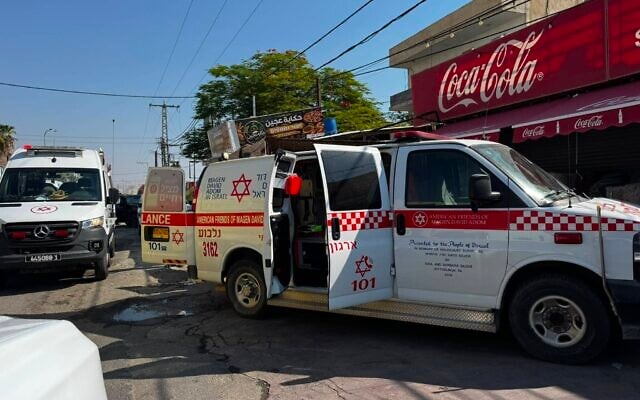 Ambulances at the scene of a stabbing incident in Al-Auja in the West Bank on August 23, 2026. (Courtesy MDA)