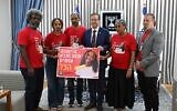 The family of missing girl Haymanut Kasau meet with President Isaac Herzog (center) in his office in Jerusalem on August 25, 2026. (Haim Zach/GPO)