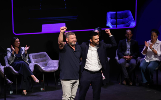 Ofer Winter, left, and Yoseph Haddad at the launch of WInter's new 'People of Israel' party in Jerusalem on August 26, 2026. (Courtesy)