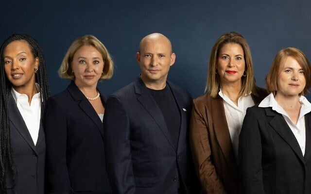 Former prime minister Naftali Bennnett, center, with four newly announced female candidates on his Together slate -- (L-R) Esti Ayalon Kobo, Olesia Kantor, Bruria Naim Arman and Orly Harel -- in an image published on August 4, 2026. (Courtesy/Together)