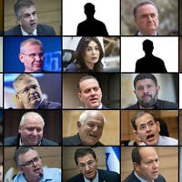 The near-final Likud slate for the 2026 election, with silhouettes showing slots reserved for Benjamin Netanyahu's yet-to-be-named personal choices. Top left to bottom right: 1. Benjamin Netanyahu 2. Eli Cohen 3. Reserved 4. Israel Katz 5. Gideon Sa'ar 6. Amir Ohana 7. Yariv Levin 8. Miri Regev 9. Reserved 10. Ofir Katz 11. Oren Dobronsky 12. Yoav Kisch 13. Miki Zohar 14. Almog Cohen 15. Reserved 16. Amichai Chikli 17. David Amsalem 18. Haim Katz 19. Moshe Saada 20. Tally Gotliv 21. Shlomo Karhi 22. David Bitan 23. Boaz Bismuth 24. Nir Barkat 25. Gila Gamliel. (AP Photo/Sebastian Scheiner, Yonatan Sindel/Flash90, Ivan Burchak/iStock by Getty Images, Chaim Goldberg/Flash90, Oren Ben Hakoon/Flash90, Yehoshua Yosef/Flash90, Courtesy Likud party, Miriam Alster/Flash90, Yossi Aloni/FLASH90, Avshalom Sassoni/Flash90)