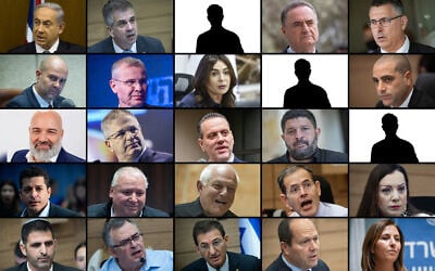 The near-final Likud slate for the 2026 election, with silhouettes showing slots reserved for Benjamin Netanyahu's yet-to-be-named personal choices. Top left to bottom right: 1. Benjamin Netanyahu 2. Eli Cohen 3. Reserved 4. Israel Katz 5. Gideon Sa'ar 6. Amir Ohana 7. Yariv Levin 8. Miri Regev 9. Reserved 10. Ofir Katz 11. Oren Dobronsky 12. Yoav Kisch 13. Miki Zohar 14. Almog Cohen 15. Reserved 16. Amichai Chikli 17. David Amsalem 18. Haim Katz 19. Moshe Saada 20. Tally Gotliv 21. Shlomo Karhi 22. David Bitan 23. Boaz Bismuth 24. Nir Barkat 25. Gila Gamliel. (AP Photo/Sebastian Scheiner, Yonatan Sindel/Flash90, Ivan Burchak/iStock by Getty Images, Chaim Goldberg/Flash90, Oren Ben Hakoon/Flash90, Yehoshua Yosef/Flash90, Courtesy Likud party, Miriam Alster/Flash90, Yossi Aloni/FLASH90, Avshalom Sassoni/Flash90)