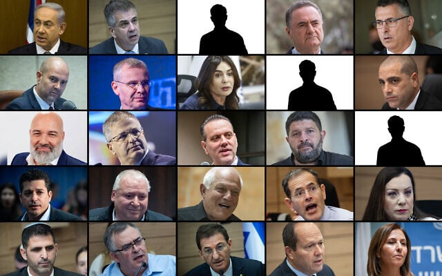 The near-final Likud slate for the 2026 election, with silhouettes showing slots reserved for Benjamin Netanyahu's yet-to-be-named personal choices. Top left to bottom right: 1. Benjamin Netanyahu 2. Eli Cohen 3. Reserved 4. Israel Katz 5. Gideon Sa'ar 6. Amir Ohana 7. Yariv Levin 8. Miri Regev 9. Reserved 10. Ofir Katz 11. Oren Dobronsky 12. Yoav Kisch 13. Miki Zohar 14. Almog Cohen 15. Reserved 16. Amichai Chikli 17. David Amsalem 18. Haim Katz 19. Moshe Saada 20. Tally Gotliv 21. Shlomo Karhi 22. David Bitan 23. Boaz Bismuth 24. Nir Barkat 25. Gila Gamliel. (AP Photo/Sebastian Scheiner, Yonatan Sindel/Flash90, Ivan Burchak/iStock by Getty Images, Chaim Goldberg/Flash90, Oren Ben Hakoon/Flash90, Yehoshua Yosef/Flash90, Courtesy Likud party, Miriam Alster/Flash90, Yossi Aloni/FLASH90, Avshalom Sassoni/Flash90) The near-final Likud slate for the 2026 election, with silhouettes showing slots reserved for Benjamin Netanyahu's yet-to-be-named personal choices. Top left to bottom right: 1. Benjamin Netanyahu 2. Eli Cohen 3. Reserved 4. Israel Katz 5. Gideon Sa'ar 6. Amir Ohana 7. Yariv Levin 8. Miri Regev 9. Reserved 10. Ofir Katz 11. Oren Dobronsky 12. Yoav Kisch 13. Miki Zohar 14. Almog Cohen 15. Reserved 16. Amichai Chikli 17. David Amsalem 18. Haim Katz 19. Moshe Saada 20. Tally Gotliv 21. Shlomo Karhi 22. David Bitan 23. Boaz Bismuth 24. Nir Barkat 25. Gila Gamliel. (AP Photo/Sebastian Scheiner, Yonatan Sindel/Flash90, Ivan Burchak/iStock by Getty Images, Chaim Goldberg/Flash90, Oren Ben Hakoon/Flash90, Yehoshua Yosef/Flash90, Courtesy Likud party, Miriam Alster/Flash90, Yossi Aloni/FLASH90, Avshalom Sassoni/Flash90)