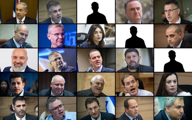 The apparent Likud slate for the 2026 election, with silhouettes showing slots reserved for Benjamin Netanyahu's yet to be named personal choices. Top left to bottom right: 1. Benjamin Netanyahu 2. Eli Cohen 3. Reserved 4. Israel Katz 5. Gideon Sa'ar 6. Amir Ohana 7. Yariv Levin 8. Miri Regev 9. Reserved 10. Ofir Katz 11. Oren Dombrowsky 12. Yoav Kisch 13. Miki Zohar 14. Almog Cohen 15. Reserved 16. Amichai Chikli 17. David Amsalem 18. Haim Katz 19. Moshe Saada 20. Tali Gotliv 21. Shlomo Karhi 22. David Bitan 23. Boaz Bizmuth 24. Nir Barkat 25. Zev Elkin. (AP Photo/Sebastian Scheiner, Yonatan Sindel/Flash90, Ivan Burchak / iStock by Getty Images, Chaim Goldberg/Flash90, Oren Ben Hakoon/Flash90, Yehoshua Yosef/Flash90, Courtesy Likud party, Miriam Alster/Flash90, Yossi Aloni/FLASH90). (AP Photo/Sebastian Scheiner, Yonatan Sindel/Flash90, Ivan Burchak / iStock by Getty Images, Chaim Goldberg/Flash90, Yehoshua Yosef/Flash90, Oren Ben Hakoon/Flash90, Courtesy Likud party, Avshalom Sassoni/Flash90, Flash90). (AP Photo/Sebastian Scheiner, Yonatan Sindel/Flash90, Ivan Burchak / iStock by Getty Images, Chaim Goldberg/Flash90, Yehoshua Yosef/Flash90, Oren Ben Hakoon/Flash90, Courtesy Likud party, Avshalom Sassoni/Flash90, Flash90). (AP Photo/Sebastian Scheiner, Yonatan Sindel/Flash90, Ivan Burchak / iStock by Getty Images, Chaim Goldberg/Flash90, Yehoshua Yosef/Flash90, Oren Ben Hakoon/Flash90, Courtesy Likud party, Avshalom Sassoni/Flash90) The apparent Likud slate for the 2026 election, with silhouettes showing slots reserved for Benjamin Netanyahu's yet to be named personal choices. Top left to bottom right: 1. Benjamin Netanyahu 2. Eli Cohen 3. Reserved 4. Israel Katz 5. Gideon Sa'ar 6. Amir Ohana 7. Yariv Levin 8. Miri Regev 9. Reserved 10. Ofir Katz 11. Oren Dombrowsky 12. Yoav Kisch 13. Miki Zohar 14. Almog Cohen 15. Reserved 16. Amichai Chikli 17. David Amsalem 18. Haim Katz 19. Moshe Saada 20. Tali Gotliv 21. Shlomo Karhi 22. David Bitan 23. Boaz Bizmuth 24. Nir Barkat 25. Zev Elkin. (AP Photo/Sebastian Scheiner, Yonatan Sindel/Flash90, Ivan Burchak / iStock by Getty Images, Chaim Goldberg/Flash90, Oren Ben Hakoon/Flash90, Yehoshua Yosef/Flash90, Courtesy Likud party, Miriam Alster/Flash90, Yossi Aloni/FLASH90). (AP Photo/Sebastian Scheiner, Yonatan Sindel/Flash90, Ivan Burchak / iStock by Getty Images, Chaim Goldberg/Flash90, Yehoshua Yosef/Flash90, Oren Ben Hakoon/Flash90, Courtesy Likud party, Avshalom Sassoni/Flash90, Flash90). (AP Photo/Sebastian Scheiner, Yonatan Sindel/Flash90, Ivan Burchak / iStock by Getty Images, Chaim Goldberg/Flash90, Yehoshua Yosef/Flash90, Oren Ben Hakoon/Flash90, Courtesy Likud party, Avshalom Sassoni/Flash90, Flash90). (AP Photo/Sebastian Scheiner, Yonatan Sindel/Flash90, Ivan Burchak / iStock by Getty Images, Chaim Goldberg/Flash90, Yehoshua Yosef/Flash90, Oren Ben Hakoon/Flash90, Courtesy Likud party, Avshalom Sassoni/Flash90)