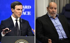 US envoy Jared Kushner (left) and Hamas chief Khalil al-Hayya (right) in a photo montage. (Fabrice COFFRINI / AFP; AP/Khalil Hamra)
