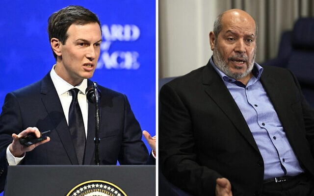 US envoy Jared Kushner (left) and Hamas chief Khalil al-Hayya (right) in a photo montage. (Fabrice COFFRINI / AFP; AP/Khalil Hamra)