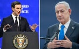 Left to right: White House adviser Jared Kushner, Board of Peace envoy Nickolay Mladenov, Prime Minister Benjamin Netanyahu. (Fabrice COFFRINI / AFP, Chaim Goldberg/FLASH90)
