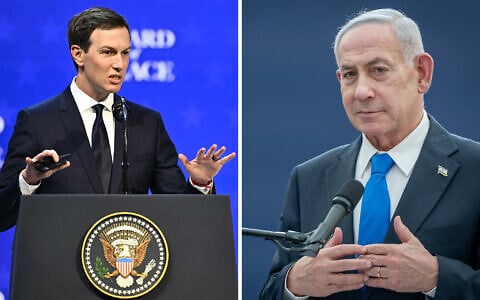 Left to right: White House adviser Jared Kushner, Board of Peace envoy Nickolay Mladenov, Prime Minister Benjamin Netanyahu. (Fabrice COFFRINI / AFP, Chaim Goldberg/FLASH90)
