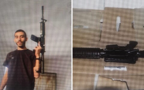 Abdullah Gergawi (L), who was indicted for planning to car-bomb a Beersheba nightclub, and a gun seized by police, in images published on August 18, 2026. (Israel Police)