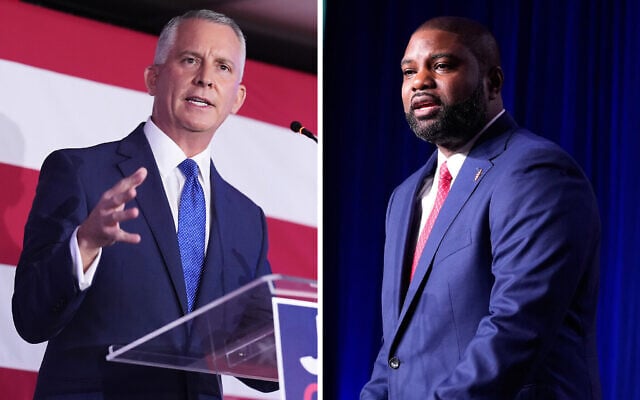 Florida Democratic gubernatorial candidate David Jolly (L) and GOP candidate Byron Donalds speak at their election night parties on August 18, 2026. (AP Photo/Rebecca Blackwell, AP Photo/John Raoux)