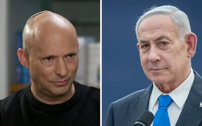 Former prime minister Naftali Bennett; Prime Minister Benjamin Netanyahu. (Screenshot/Channel 12, Chaim Goldberg/FLASH90)