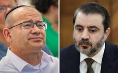 Mossad chief Roman Gofman (left) and Syrian Foreign Minister Asaad al-Shaibani in a photo montage. (Chaim Goldberg/Flash90; Russian Foreign Ministry Press Service via AP)