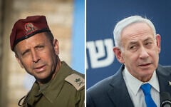 (L) Maj. Gen. Avi Bluth at the IDF Central Command headquarters in Jerusalem, July 8, 2024 (R) Prime Minister Benjamin Netanyahu at Mount Herzl, in Jerusalem, August 5, 2026. (Chaim Goldberg/FLASH90). (Oren Ben Hakoon/Flash90, Chaim Goldberg/FLASH90)