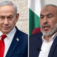 Left: Prime Minister Benjamin Netanyahu at a polling station in Jerusalem on August 17, 2026, amid the Likud primary elections. Right: Ghazi Hamad, a member of Hamas's political bureau, speaks during an interview with The Associated Press in Beirut, Lebanon, October 26, 2023. (Chaim Goldberg/Flash90, AP/Bilal Hussein)