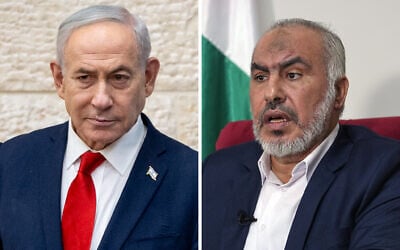 Left: Prime Minister Benjamin Netanyahu at a polling station in Jerusalem on August 17, 2026, amid the Likud primary elections. Right: Ghazi Hamad, a member of Hamas's political bureau, speaks during an interview with The Associated Press in Beirut, Lebanon, October 26, 2023. (Chaim Goldberg/Flash90, AP/Bilal Hussein) Left: Prime Minister Benjamin Netanyahu at a polling station in Jerusalem on August 17, 2026, amid the Likud primary elections. Right: Ghazi Hamad, a member of Hamas's political bureau, speaks during an interview with The Associated Press in Beirut, Lebanon, October 26, 2023. (Chaim Goldberg/Flash90, AP/Bilal Hussein)